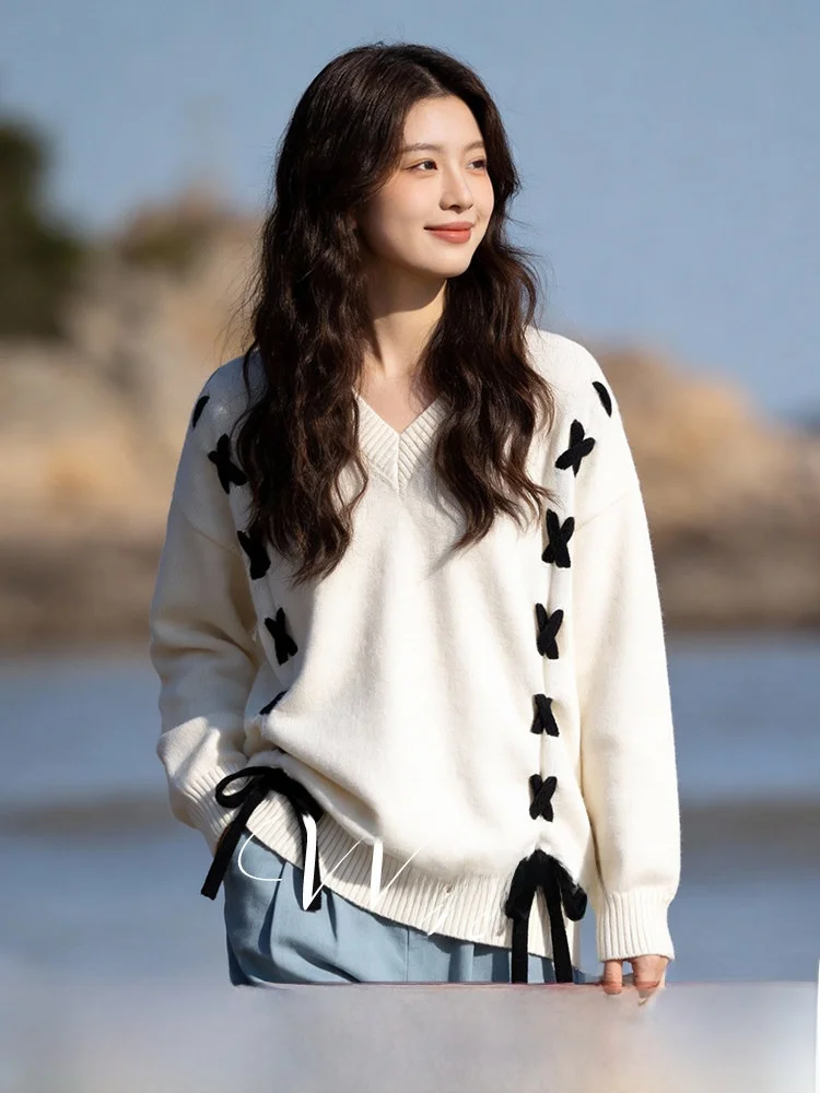 

Весенний вязаный свитер большого размера с V-образным вырезом, длинными рукавами, поясом, повседневный, удобный, хлопковый топ для женщин