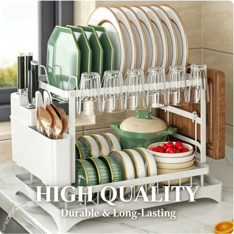 2-Tier Dish Drying Rack with Drain Tray Rustproof Metal Kitchen Countertop Dish Drainer Easy Assemble Space Saving Storage
