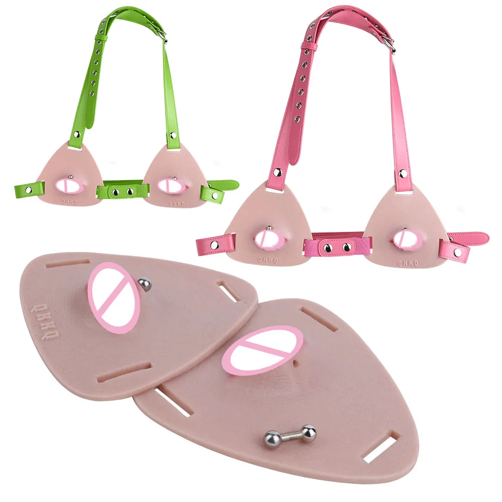 QKKQ Erotic Bra Wtih PU Leather Belt Realistic Labia Breast Cover Chest Pleasure Private Games Bust Bondage For Women Sex Toys
