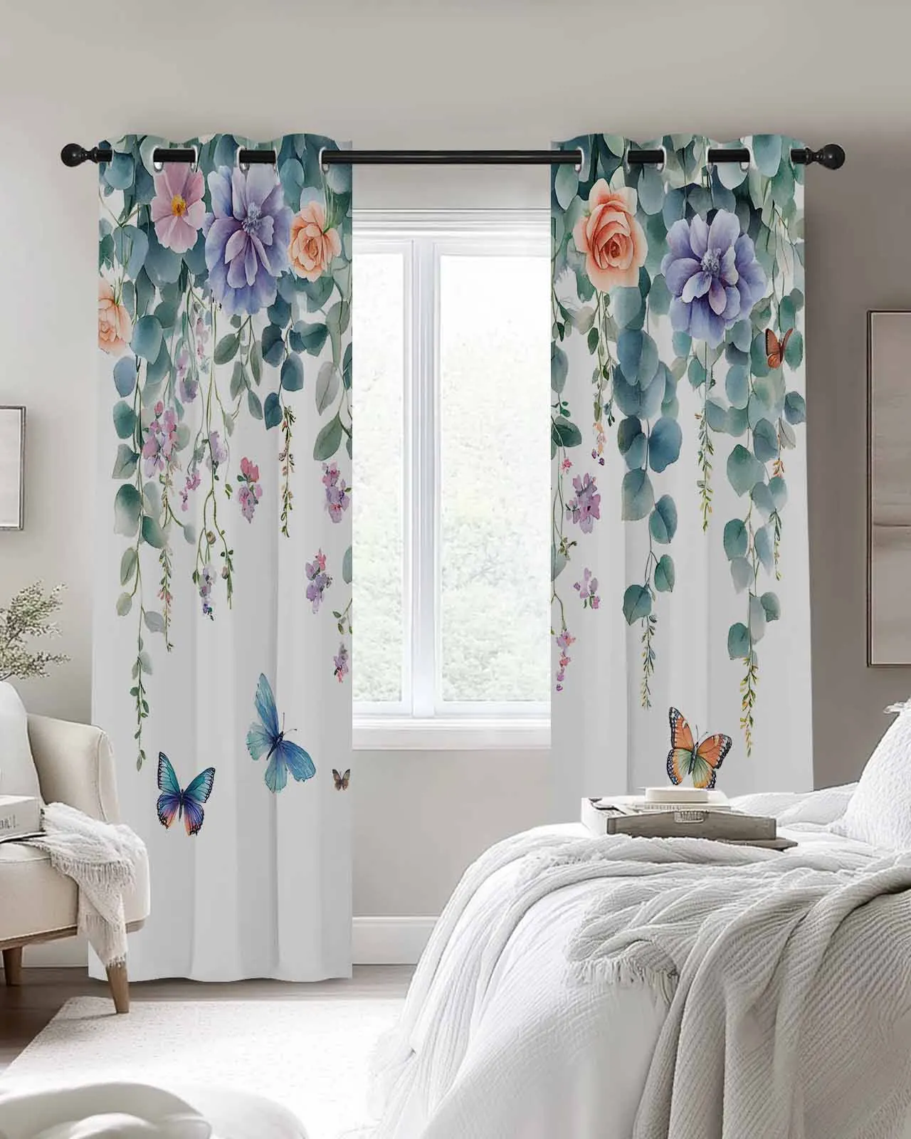 

Eucalyptus Leaf Colorful Butterfly Flowers Room Curtains Large Window Curtain Kids Room Bedroom Kitchen Home Decor Drapes