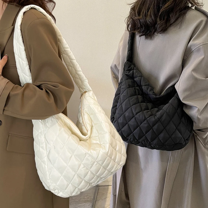 

Fashion Quilted Plaid Bag Candy Color Lady Large Capacity Hobos Shopper Bags Nylon Plus Cotton Shoulder Crossbody Bags Lady Tote