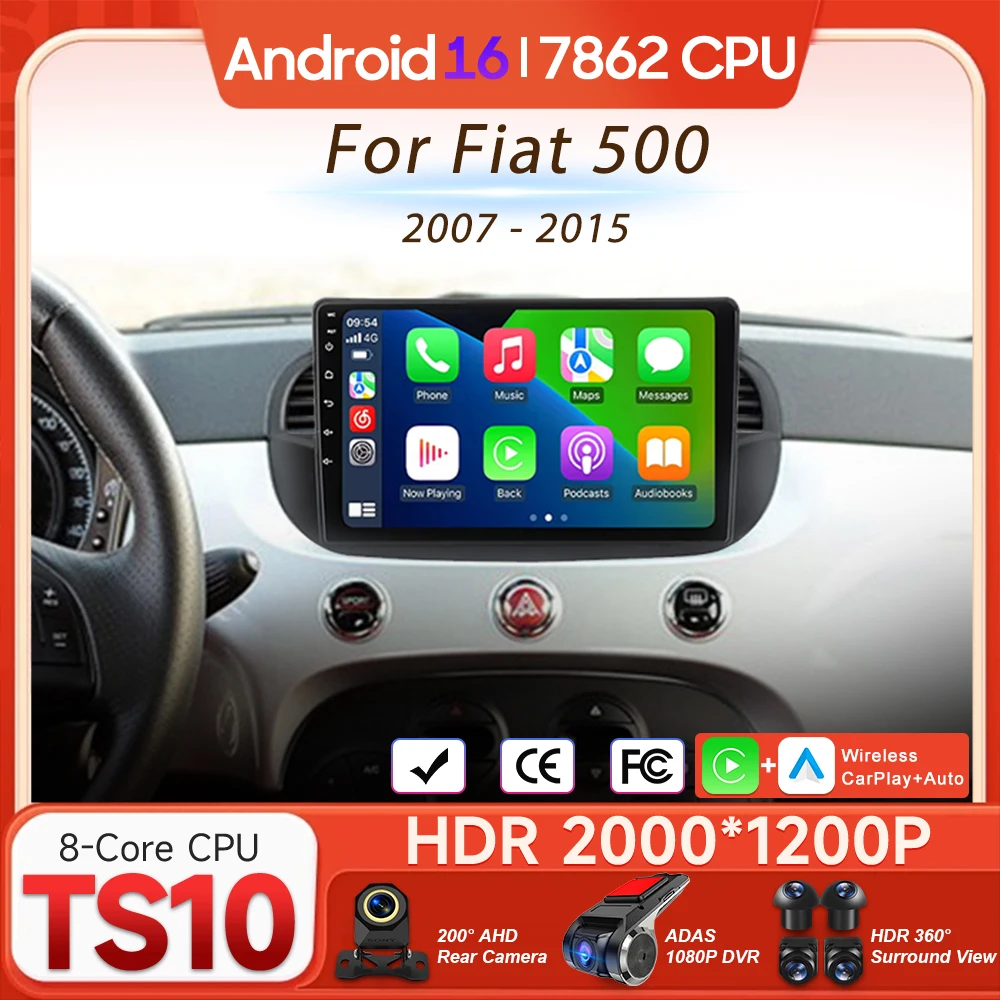 

Мультимедийный проигрыватель Android 16 для Fiat 500 2007-2015, автомагнитола с Carplay, видео, 4G, Wi-Fi, навигацией GPS, 2din, DSP, BT