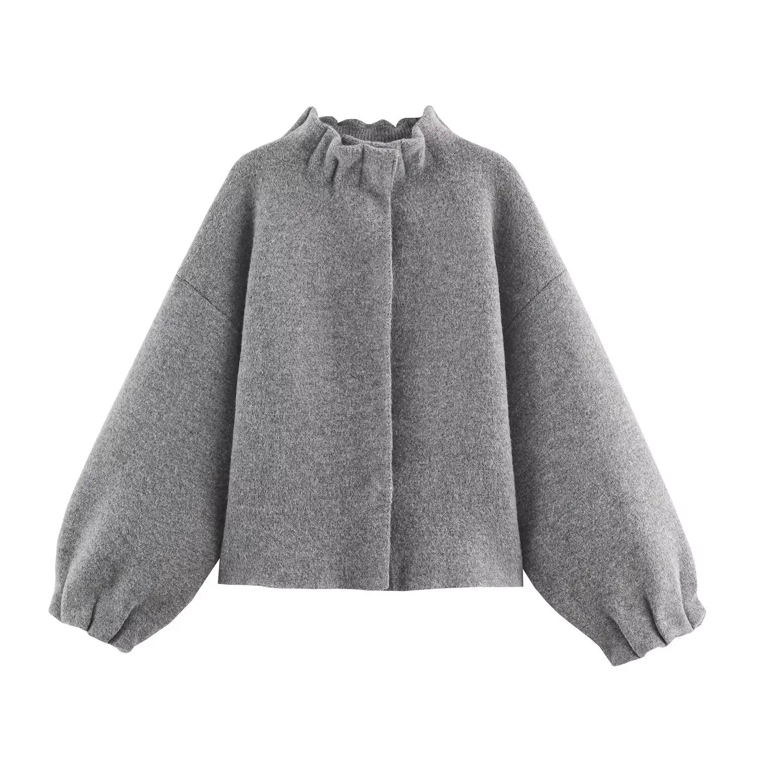 Heather Gray Ruffle Stand Collar Jacket Hidden Snap Buttons Lantern Puff Sleeve Loose Cropped Elegant Fashion Outerwear Coat 06H