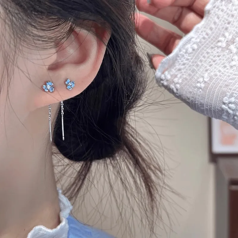 Personality Sweet 925 Sterling Silver Blue Irises Dangle Earrings for Women Korean Summer Flower Zircon Jewelry Accessories Gift