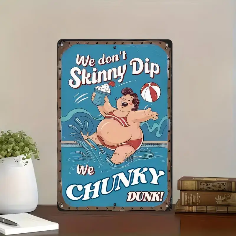 Vintage Chunky Pool Metal Tin Sign - Retro Blue Design with Happy Plus - Size Lady, Ice Cream & Beach Ball, Iron Wall Art for Po
