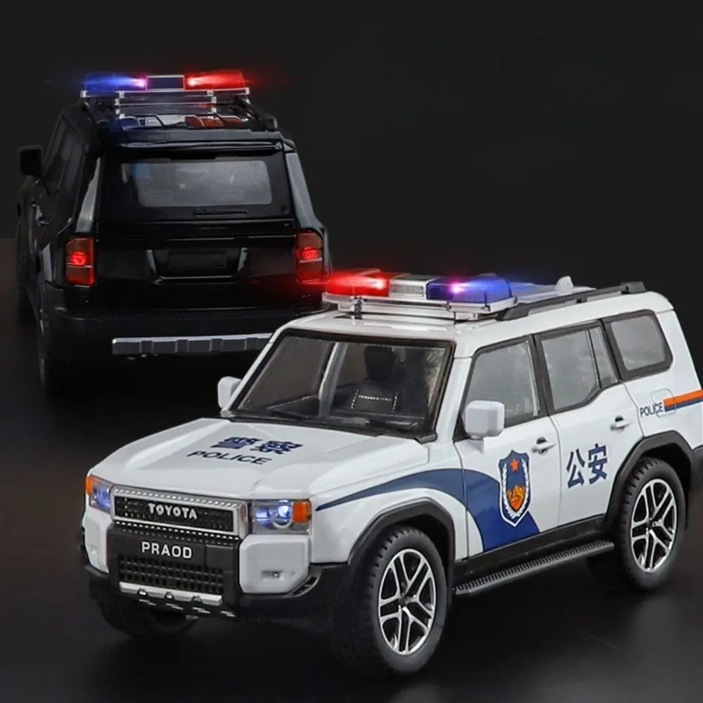 1:24 スケールプラド LC250 パトカーモデルおもちゃサウンドライトプルバックドアオープンオフロードミニチュア車両モデル装飾品ギフト