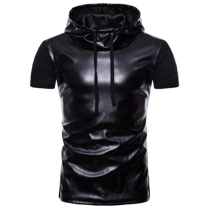 Men's new fashionable hooded short sleeved patchwork leather T-shirt versatile solid color shirt S-2XL Street clothing