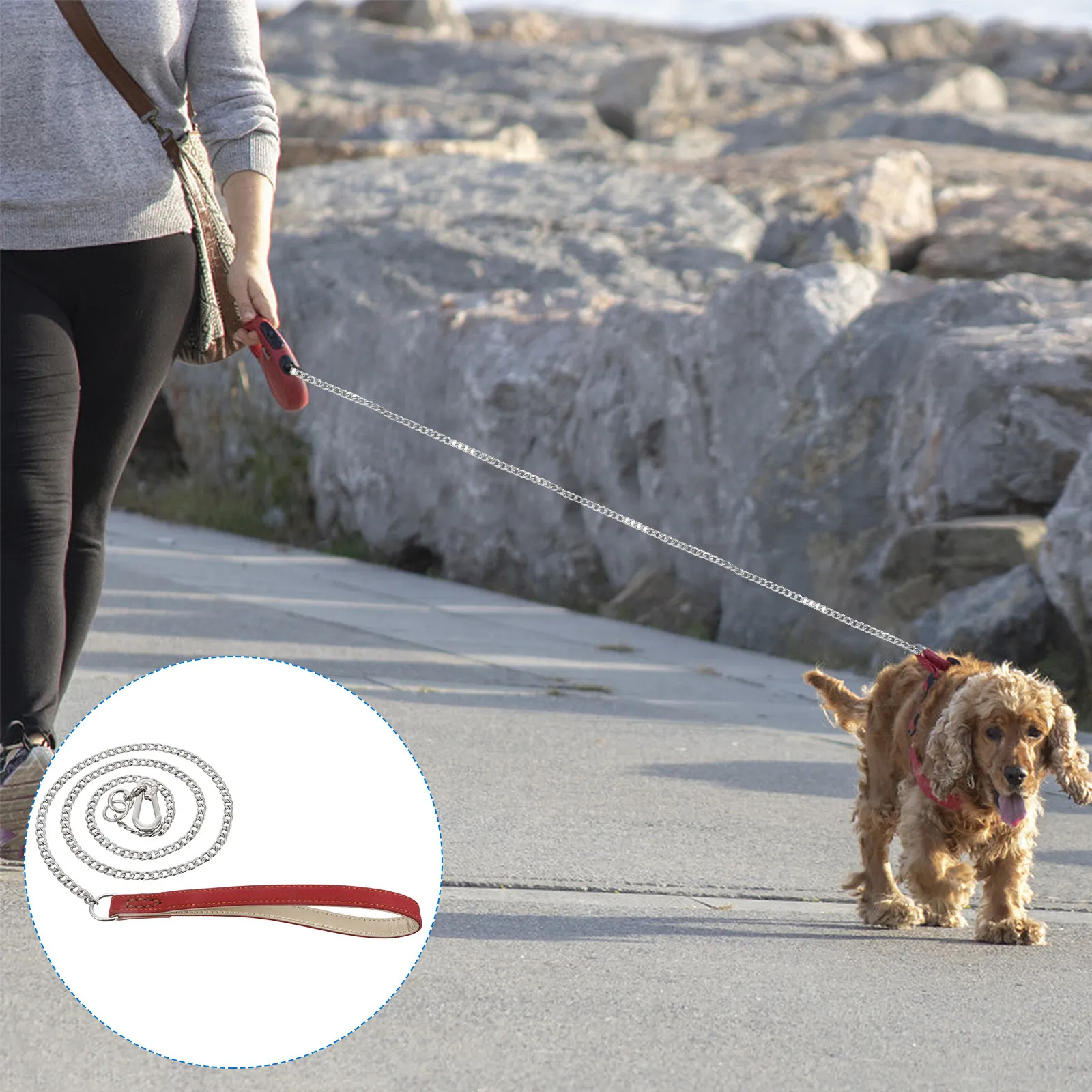 

Поводок для собак из нержавеющей стали, сверхпрочная металлическая цепь, тренировочный поводок с мягкой ручкой для крупных собак с сильным тяговым усилием