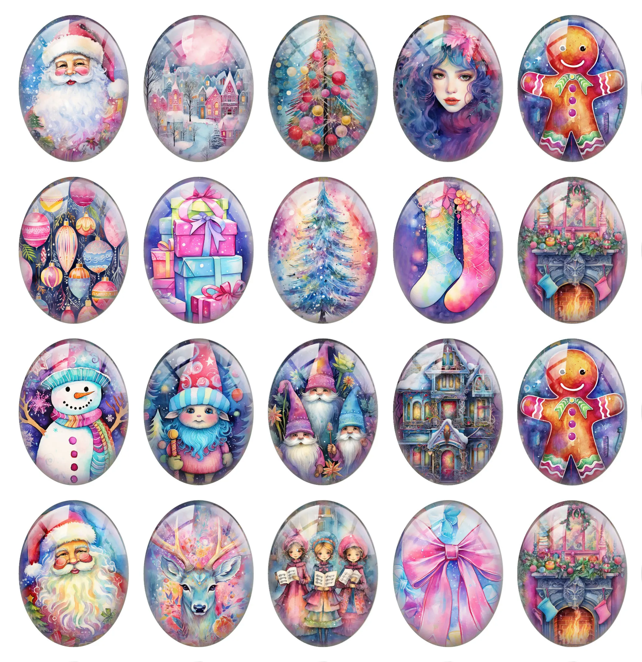 10pcs/lot Christmas X-mas Winter Neon Santa Gnomies Deer Oval Photo Glass Cabochon Flatback Demo Cameo For Diy Jewelry Making