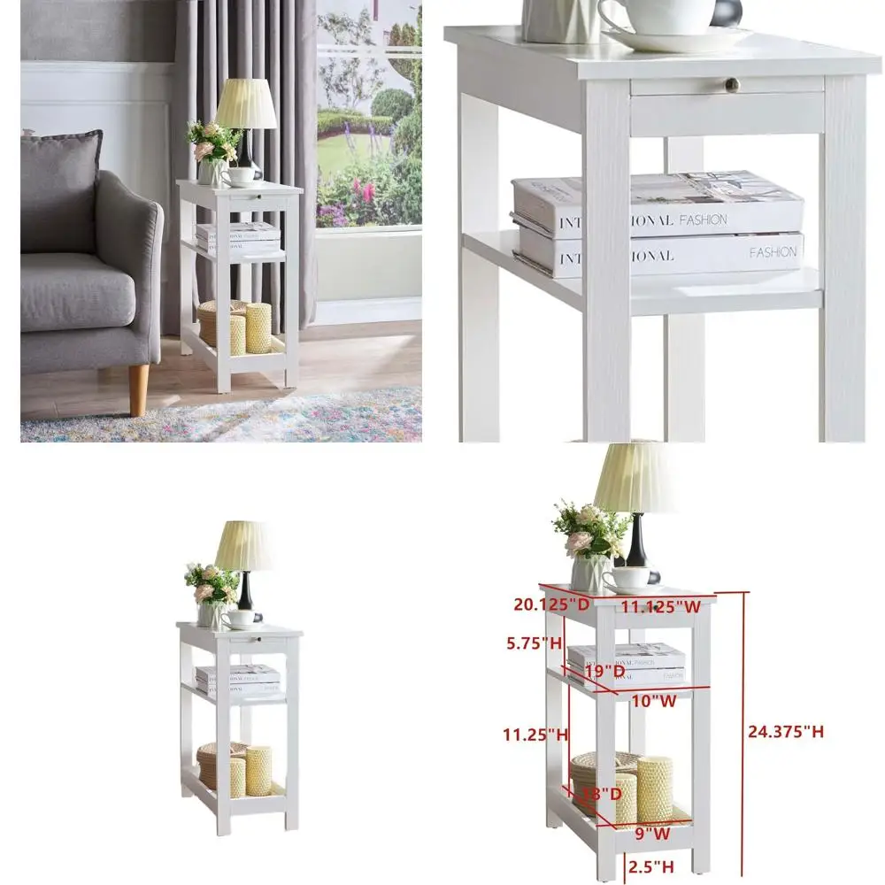 

Compact Storage Side Table with Shelves, White, Ideal for Small Spaces, Living Room or Bedroom, Nightstand Sofa Table
