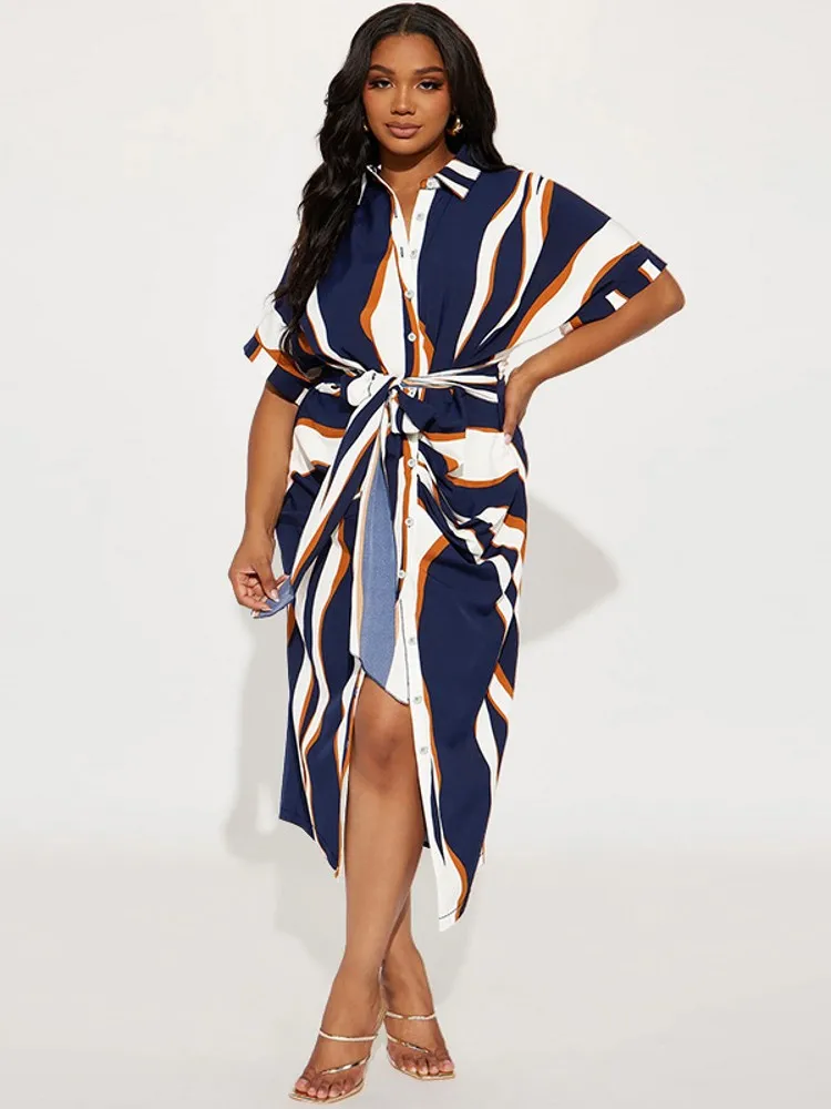 XL-5XL Plus Size Elegant Midi Dress 2024 Summer Women Bohemian Stripe Print Dress Casual Half Sleeve V Collar Bandage Robe Dress