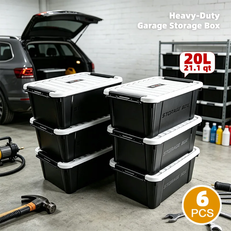 EKOA 20L/21QT Storage Bins,6Pack Heavy Duty Plastic Storage Containers with Lids, Stackable Bins with Secure Latches