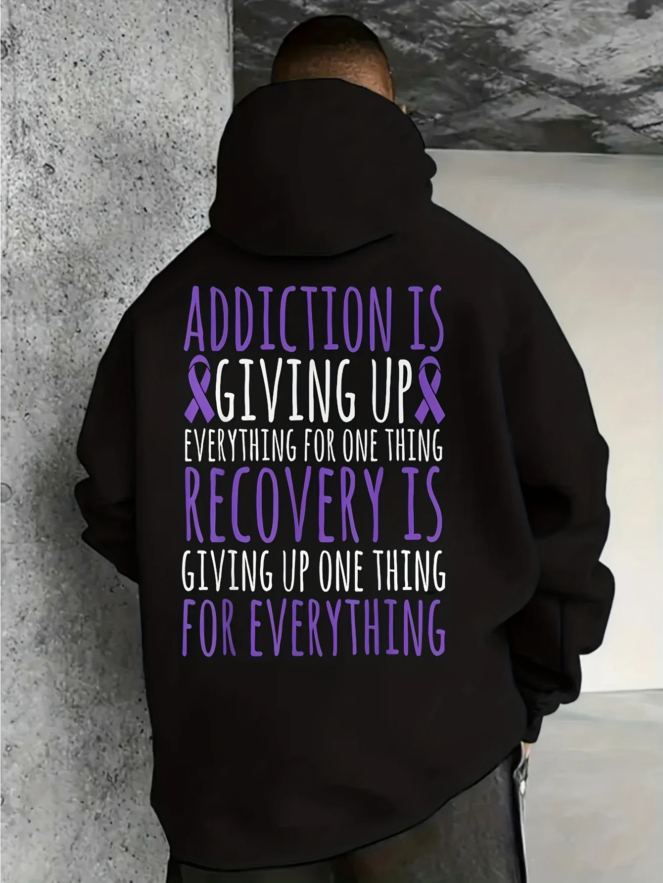 Addiction Recovery Awareness Classic Black Pullover Sweatshirt with Kangaroo Pocket, Unisex, Suitable for Game Day and Casual Wear, Hooded Design, Urban Fashion, Avant-Garde Aesthetics, Comfortable Fit, a Favorite among Trendsetters