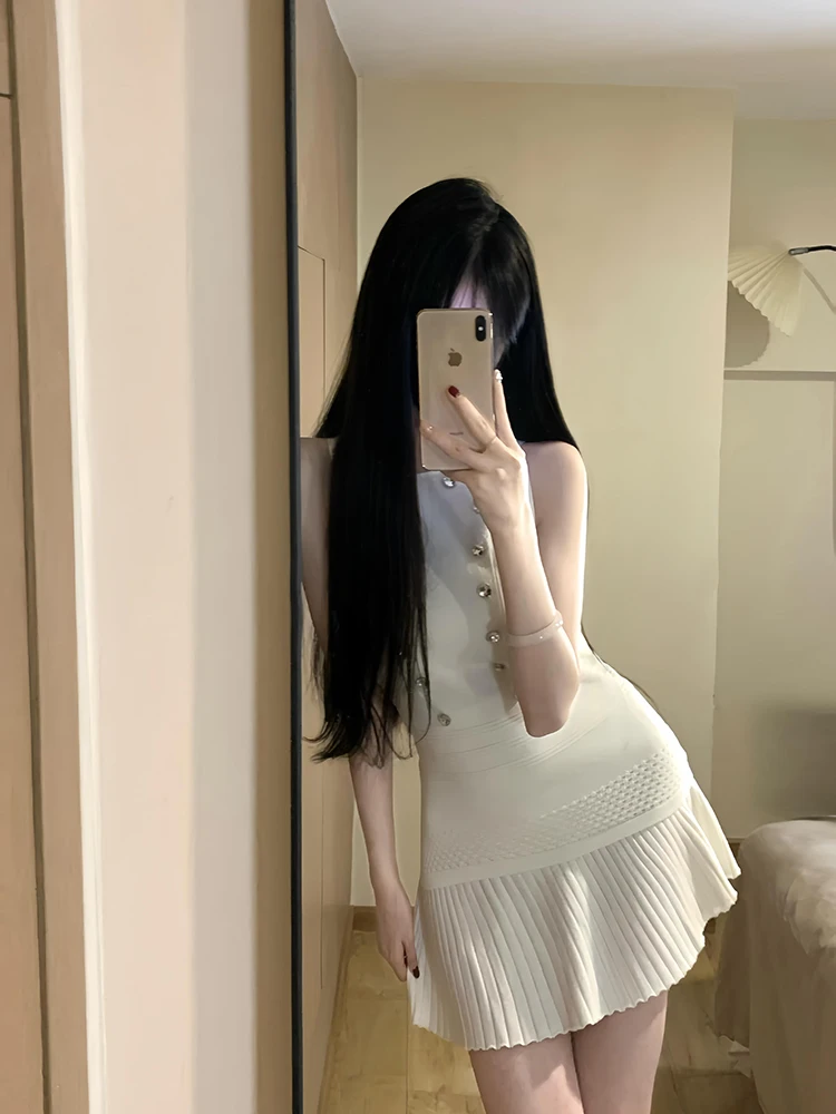 Spicy Girl Beaded Sleeveless Knitted Vest Top Women's High Waist Pleated  Skirt Summer Pure Beauty Amazing Set Fashionabl...