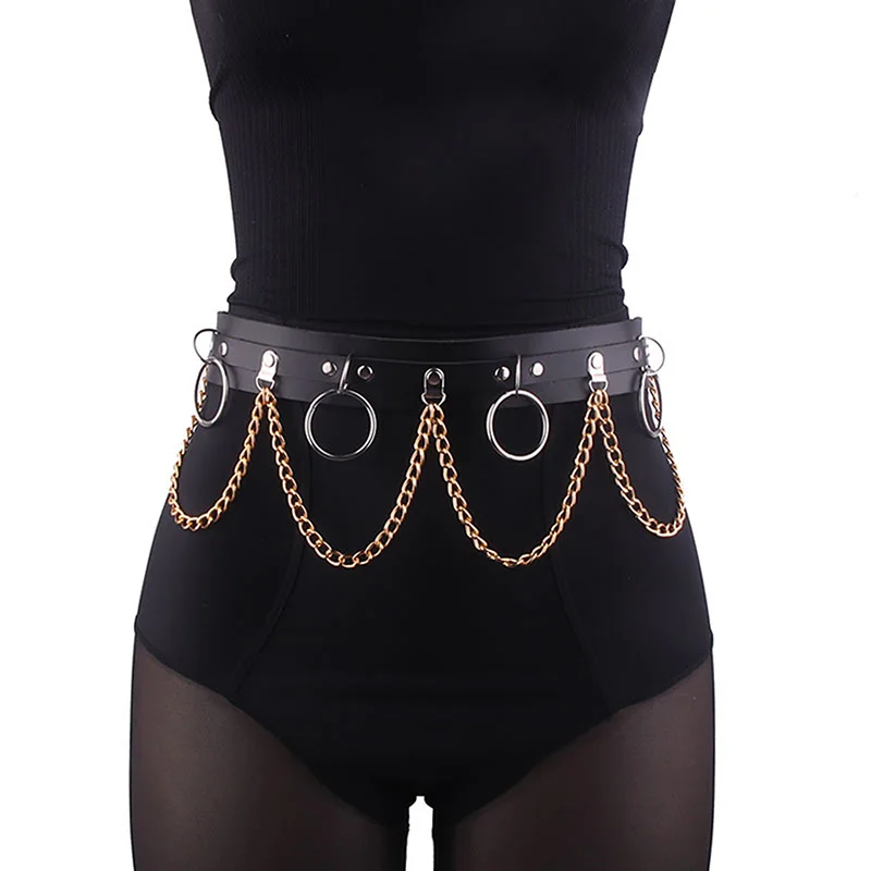 Women Skirt Belt Female Pu Leather Hip Hop Rock Nightclub Sexy Jeans Dress Round Punk Belt with Metal Waist Chain