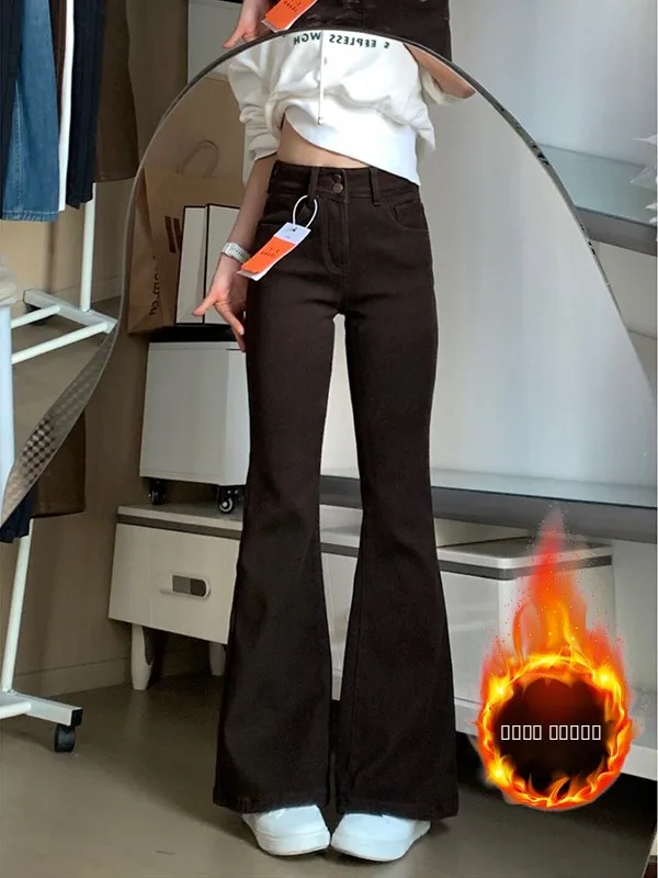 

Женские утепленные джинсы-клеш с высокой талией, на флисовой подкладке, коричневые, в стиле ретро, с двойной застежкой на пуговицах, повседневные, облегающие, зимние