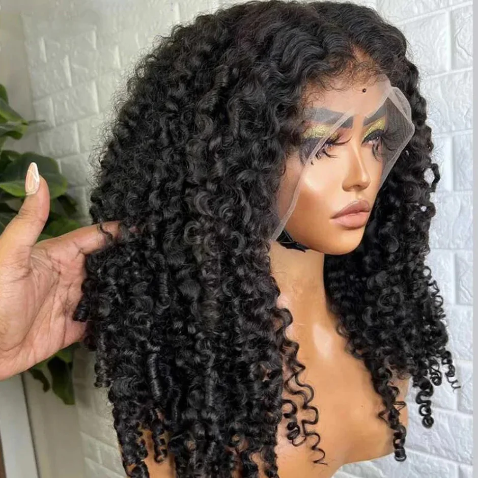 ソフト中間部 20 インチロング変態カーリーレースフロントウィッグジェリーカール女性のための合成事前摘み取りグルーレス日常着用かつら