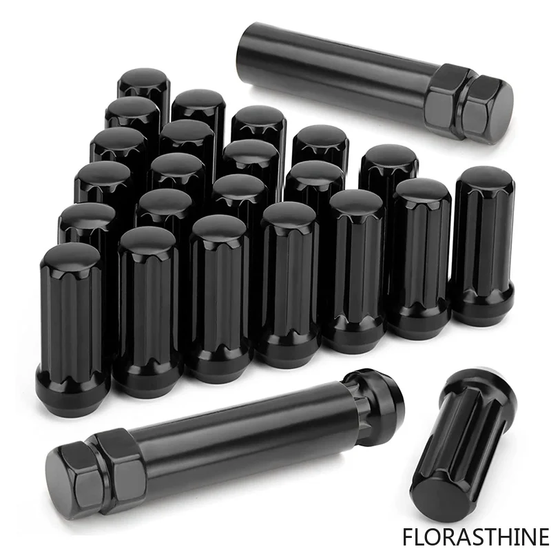 24 Pieces M14X1.5 Wheel Lug Nuts 14Mmx1.5 7 Spline Drive Awl Cone Acorn Lug Nuts 2Inch Long Black with 2 Socket Key