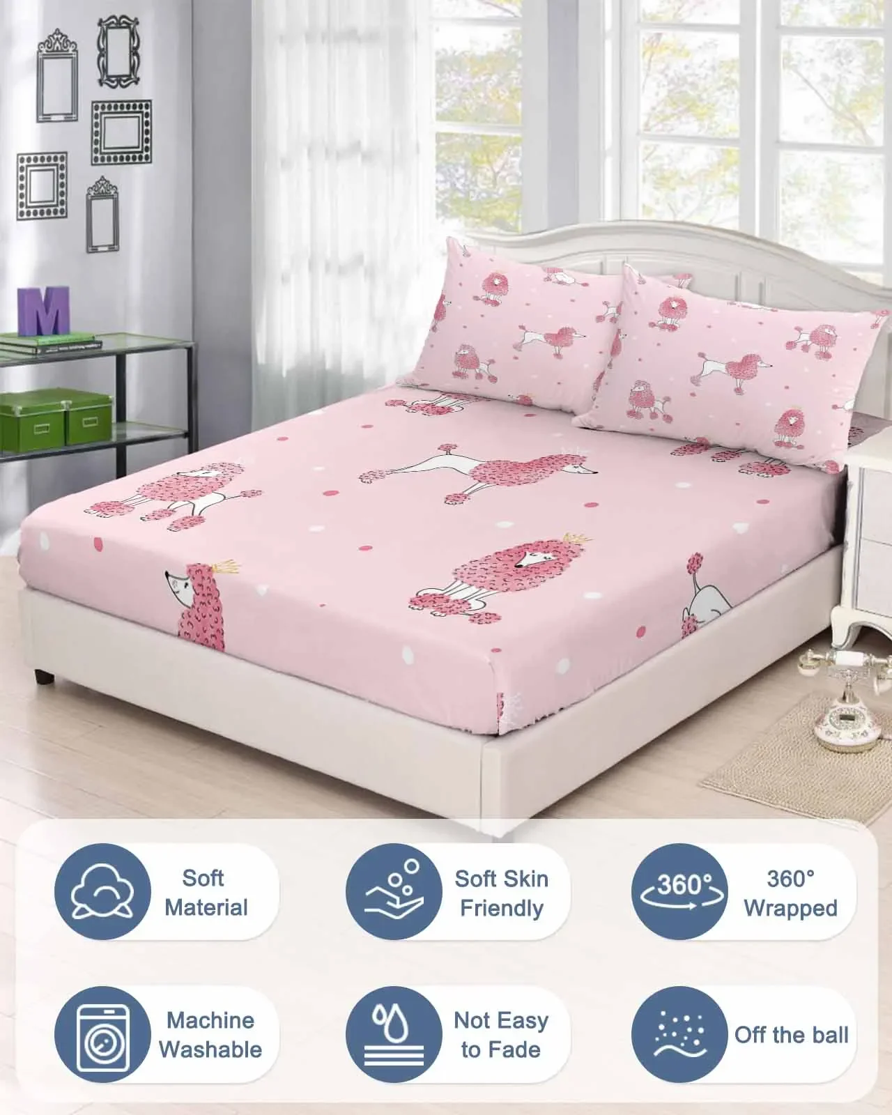 Imagem -03 - Poodle Polka Dot Colchão Equipado com Lençol Elástico de Borracha Desenhos Animados Rosa Cama Queen Size Conjunto de Fronha Antiderrapante