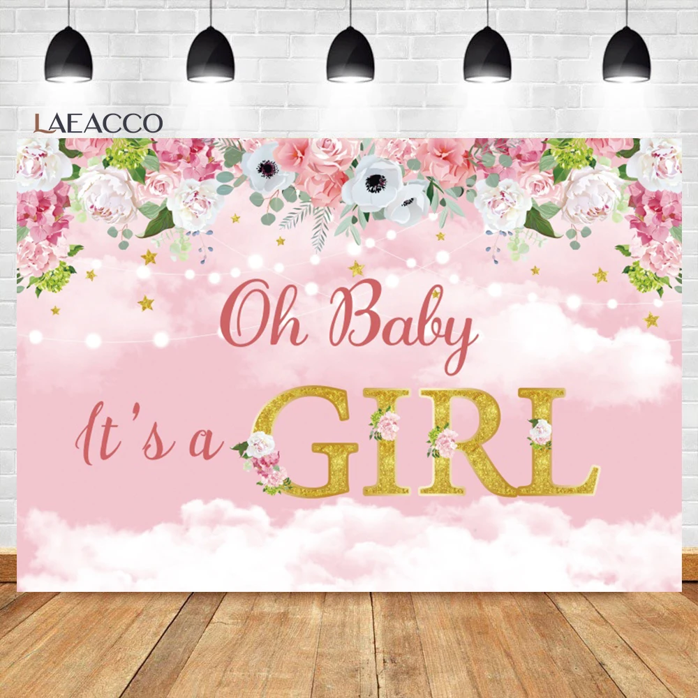 

Laeacco Its a Girl Baby Shower Backdrop Watercolor Floral Gradient Pink Cloud Newborn Portrait Customized Photography Background