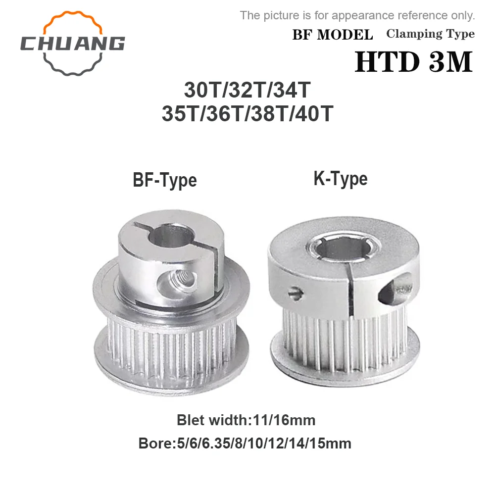 

BF type HTD 3M 30T/32T/34T/35T/36T/38T/40T Clamping Type pulley Bore 5/6/6.35/8/10/12/15mm for Timing Belt width 11/16mm HTD 3M