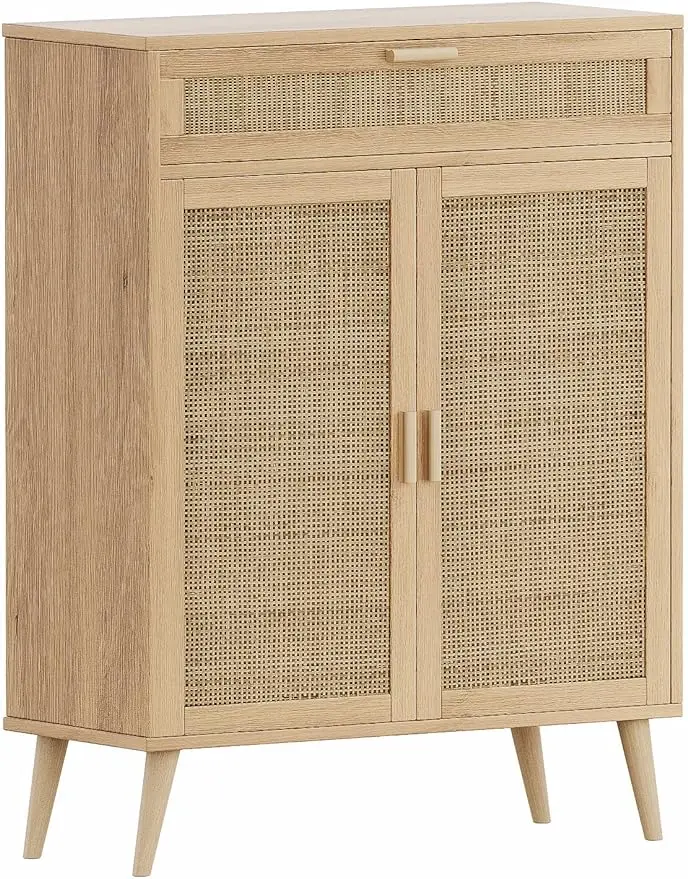 Accent Floor Storage Cabinet with Rattan Doors, Bathroom Cabinet with Large Drawer, Freestanding Storage Cabinet Organizer,