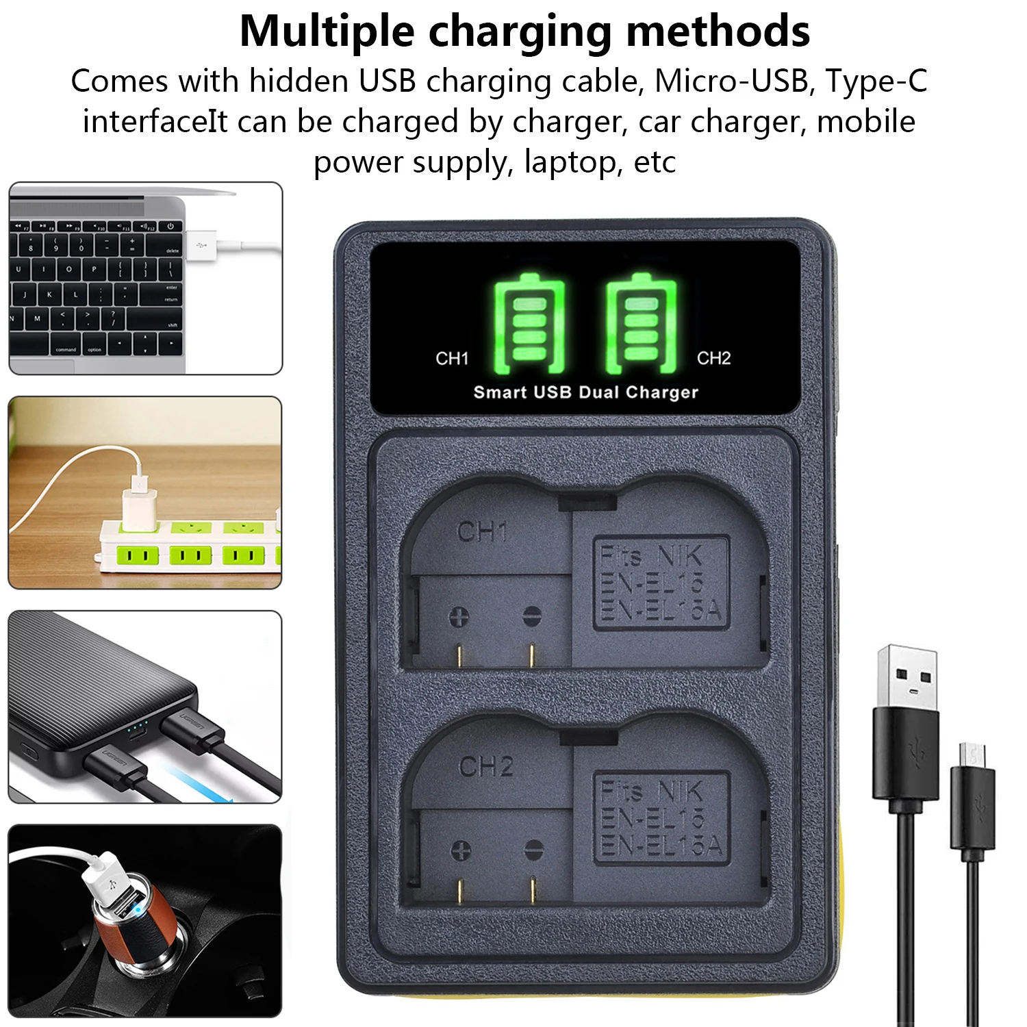 2280mAh EN-EL15C EN-EL15 Battery and Charger for Nikon EN-EL15A EL15B Z6 Z7 D750 D850 D7000 D7100 D7200 D7500 D500 D600 D610