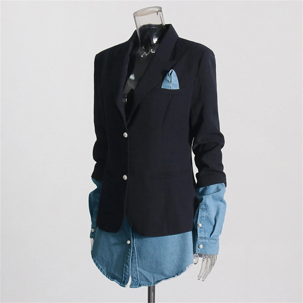 Patchwork Denim Colbert Voor Dames, Lente Zomer Modieuze Blazer, Dames Jasje Met Enkele Rij Knopen