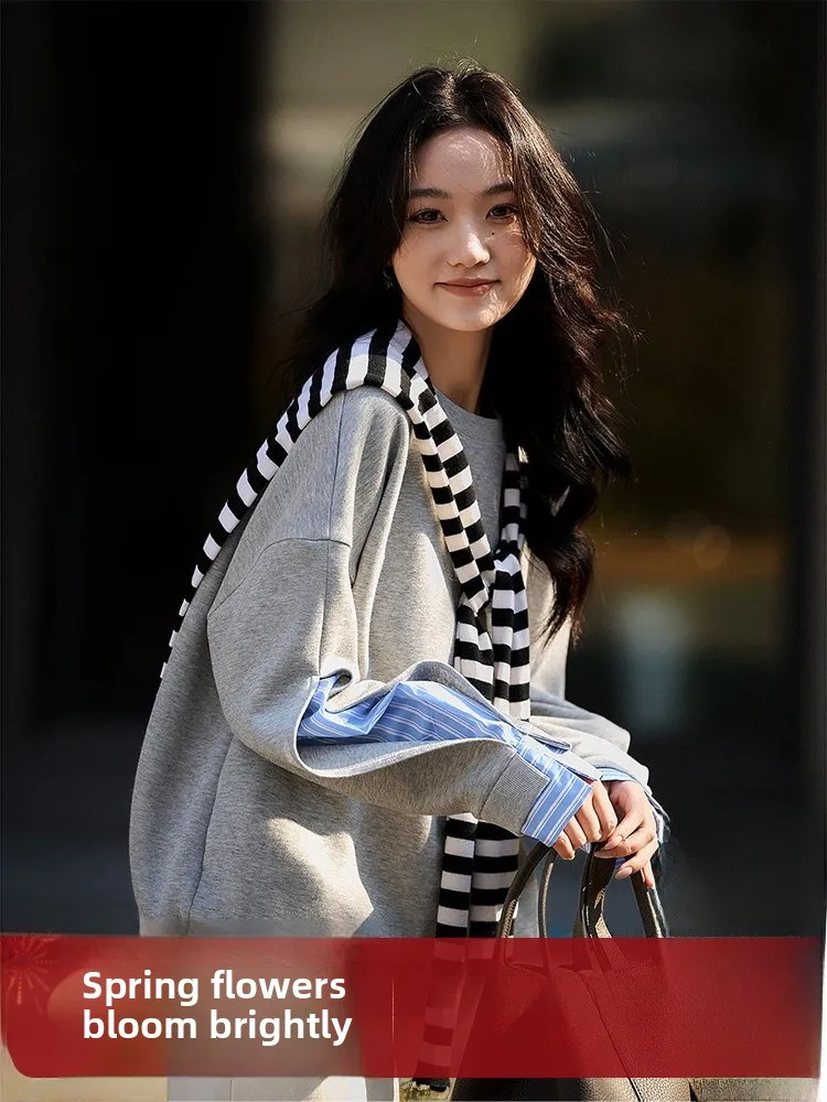 

Casual round Ne Women's Sweatirt Stripe Splicing Quali Cotton Coastline Design Comfortable Long Sve Hoodie