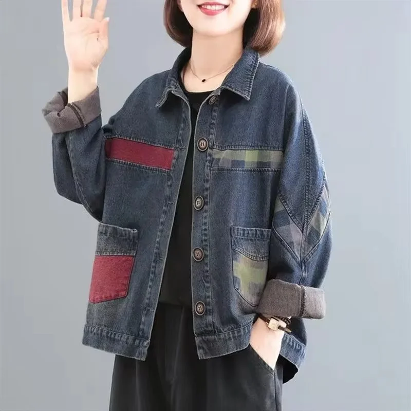 Jaket Denim wanita ukuran besar, baju Luaran Denim tebal kasual Retro gaya artistik musim gugur dan dingin