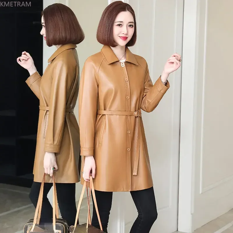 2024 Echte Leren Jas Vrouwen Echte Schapenvacht Leren Jassen Vrouw Mid-Length Trenchcoat Voor Vrouwen Slanke Koreaanse Streetwear