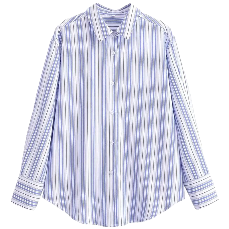 

Ele Vertical Striped irt Spring 2024 Women's Faion Versatile Design Collared Long Sve Loose Fit Premium Quali
