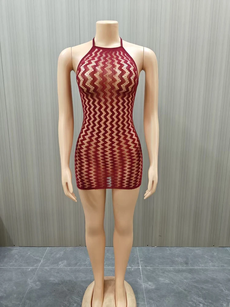 Damen Neckholder-Netzkleid, Wellenförmig Ausgeschnitten, Ärmellos, Figurbetont, Kurzes Kleid, Durchsichtiges Netzgewebe, Nachtclub-Partykleidung – Detail 8