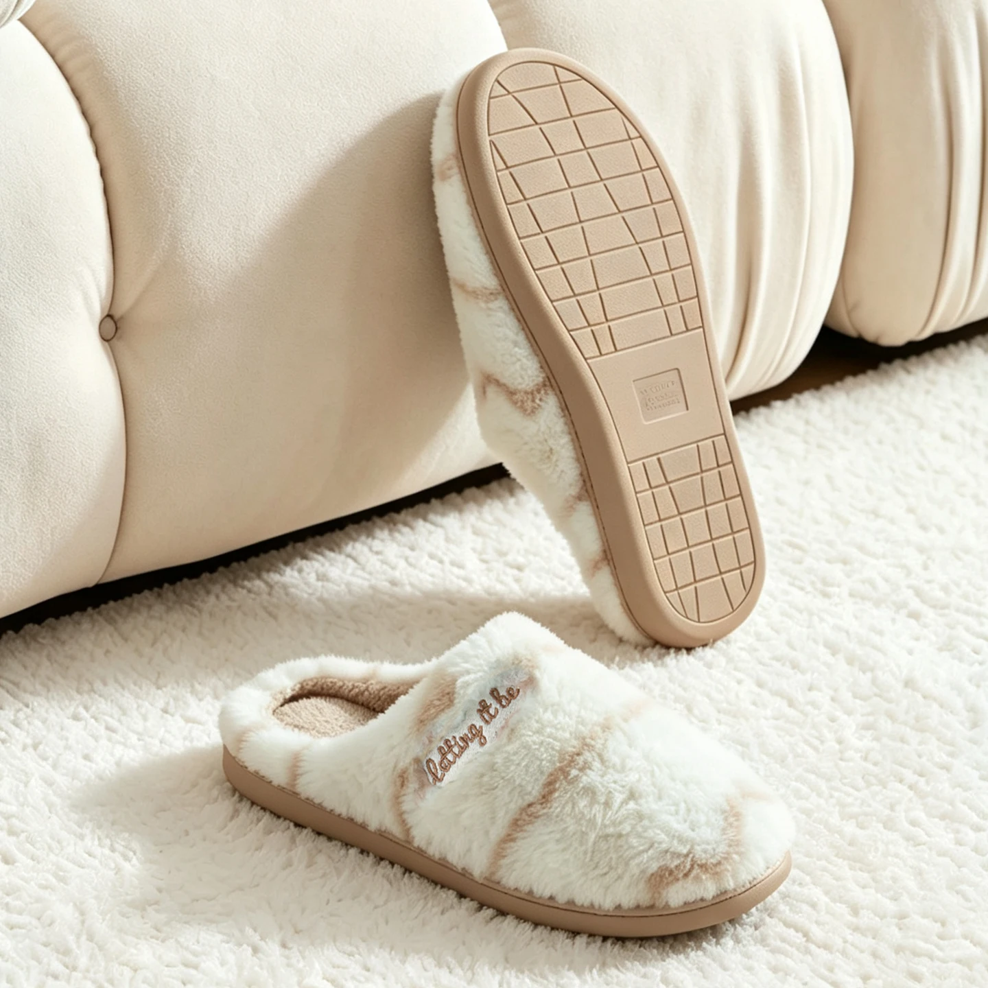 Women Winter Plush Slippers Tie‑dye Striped Closed Toe House Slippers Soft Fuzzy Warm Non‑Slip Indoor Home Shoes For Ladies