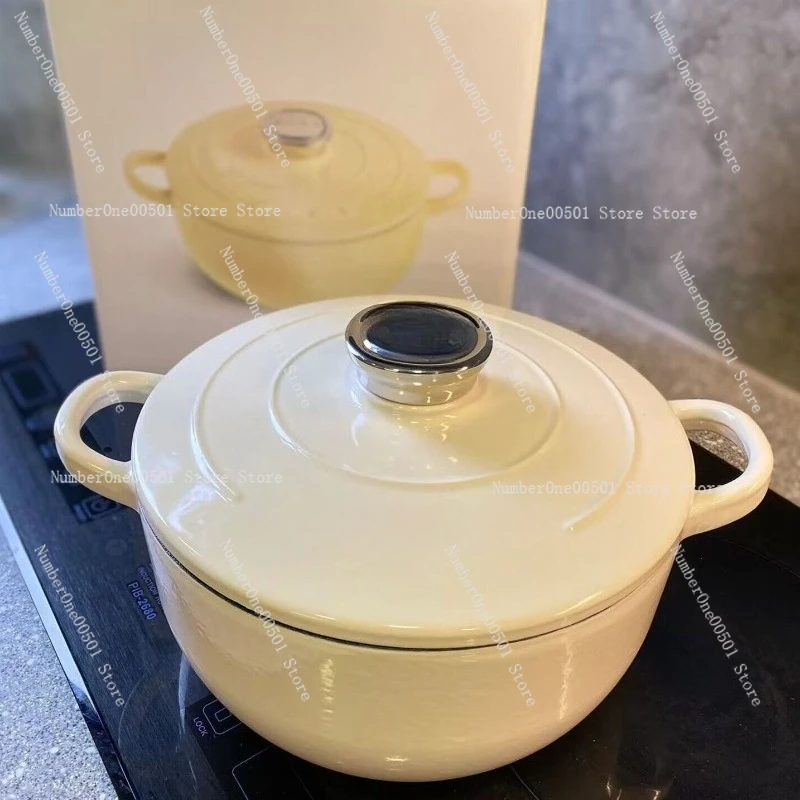 EG 24CM Cast Iron Enamel Pot Soup Pot Retro Enamel Pot with Lid Gas Induction Cooker Universal