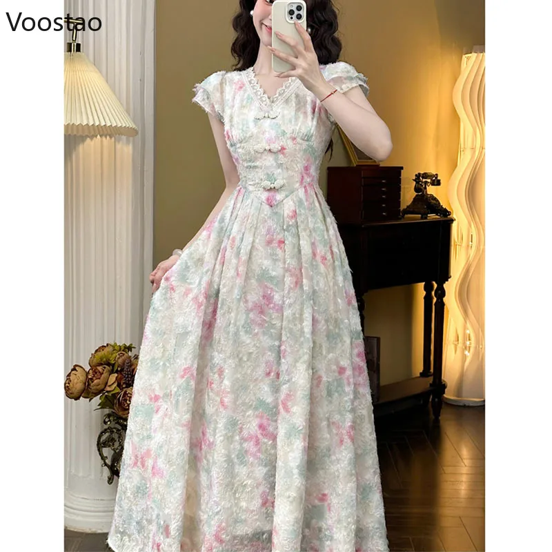 

France Vintage Midi Dress Women Elegant Chic Floral Princess Party Fairy Dresses Female Casual Sweet Beach Vacation Long Dress