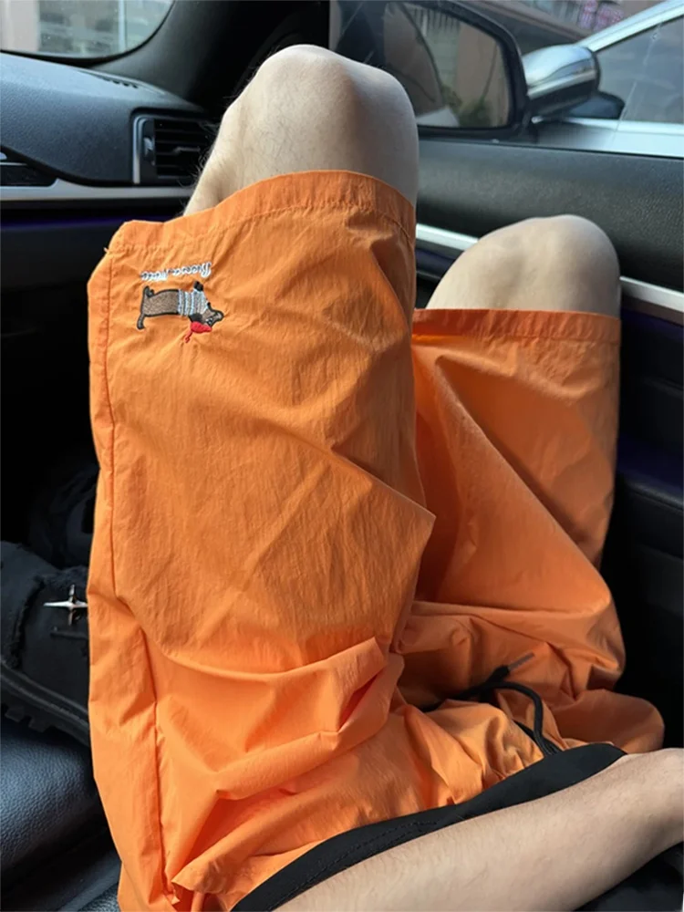 

Мужские летние шорты с вышивкой в виде таксы, из ледяного шелка, быстросохнущие, для пляжа и спорта, повседневные, длиной до колена