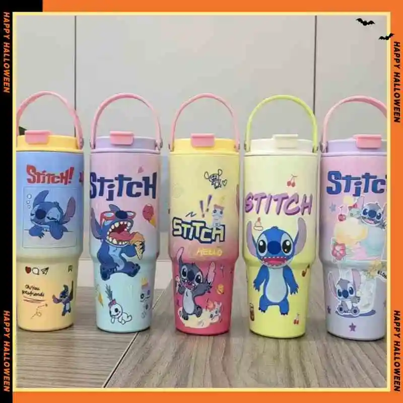 

30OZ Stitch High-capacity Vacuum Cup MINISO Anime Stainless Steel Auto Cup Gradient Color Outdoor Portable Handheld Straw Cup
