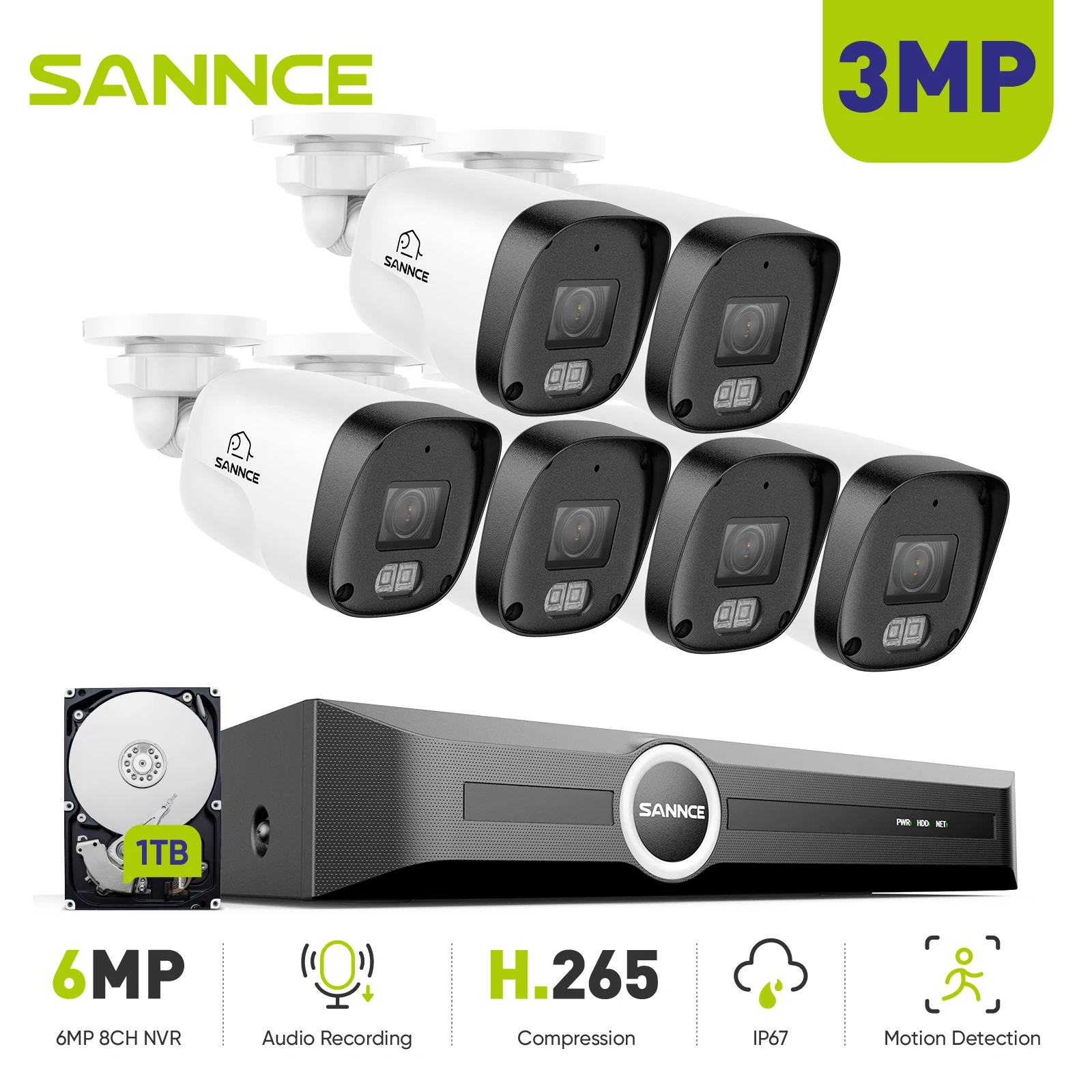 

SANNCE 3MP PoE Security Camera System 8CH 8MP NVR Audio Recording HD Real-time Motion Detection Outdoor Surveillance Cameras