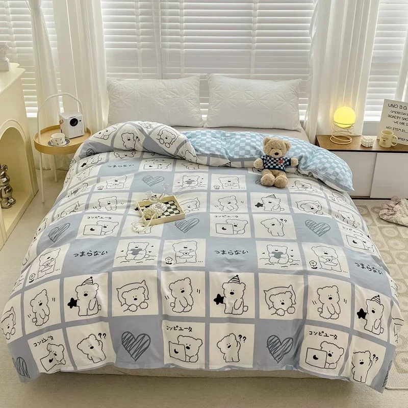 Cute Bear Checkered 100% Cotton Duvet Cover Twin Queen Bedding Reversible Plaid Pattern Geometric Comforter Cover Zipper Closure