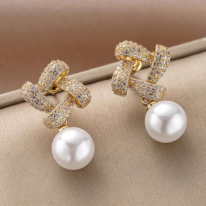 Huitan Imitation Pearl Drop Earrings for Women Cross Design Inlaid Shining CZ Fashion Accessories Wedding Engagement Jewelry