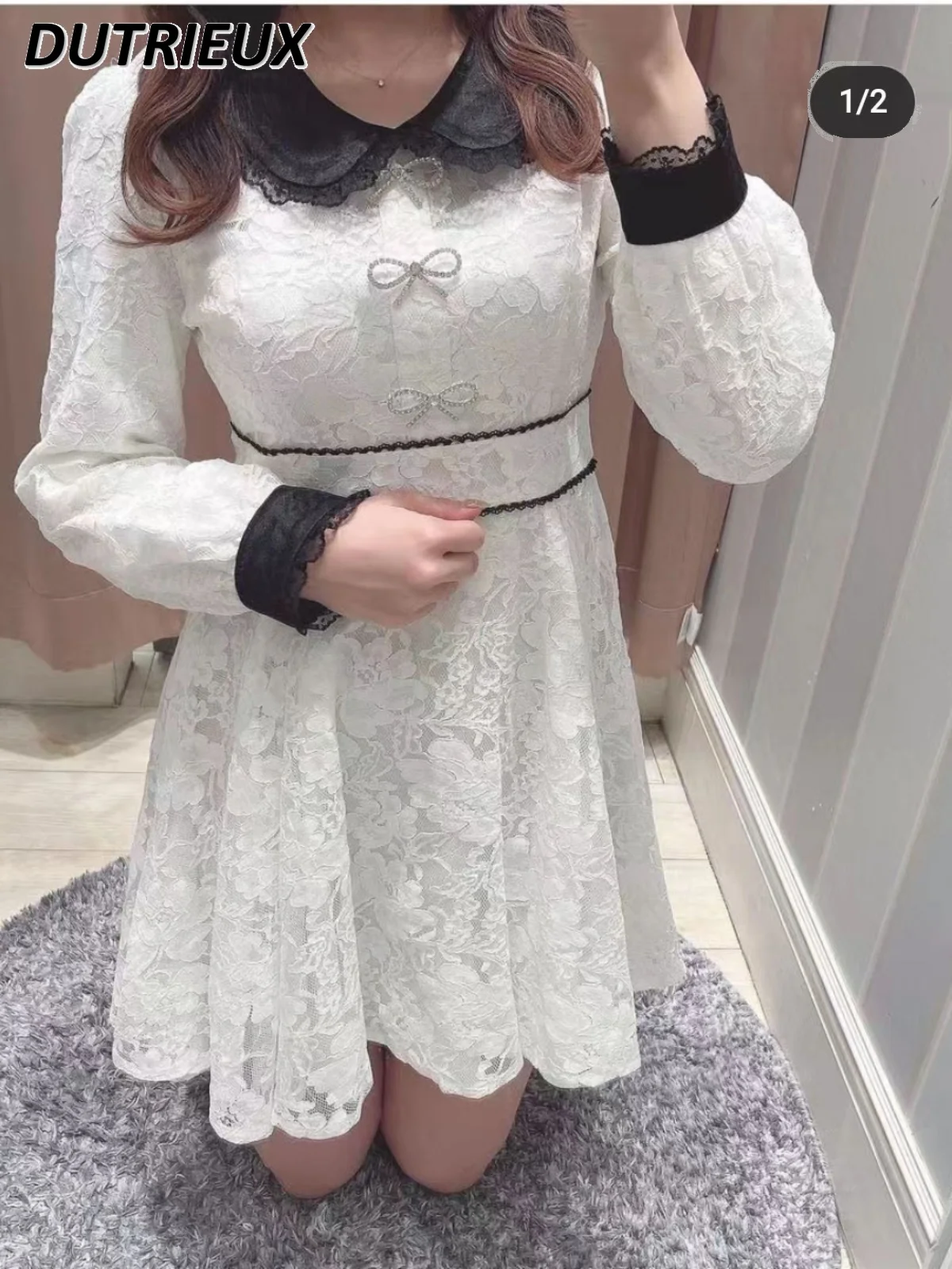 Spring Autumn Japanese Style Lace Splicing High-waisted Lady Casual Elegant Dress Bow Buckle Long-sleeved Dresses for Women