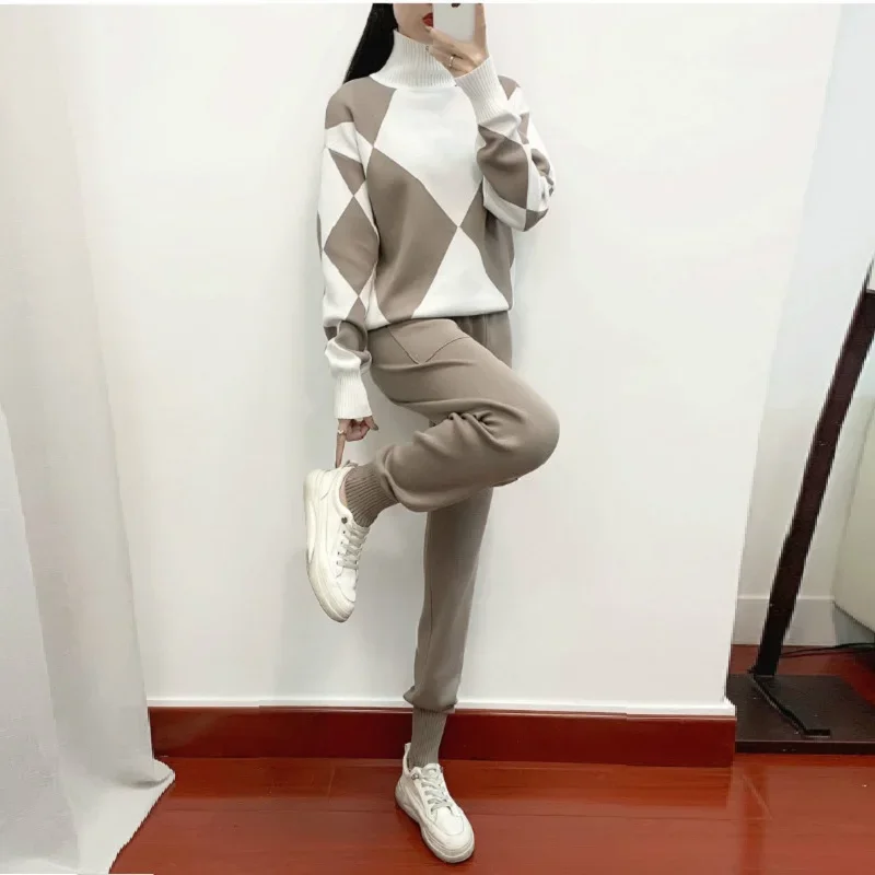 Korean Casual Knit 2-piece Pant Sets Women Set Mock Neck diamond checkered long sleeve Pullover+Harlan pant Suit pockets Lace up