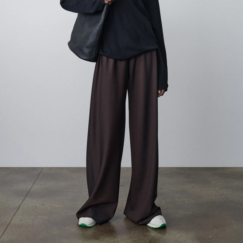 

American mat Woolen Air Pants Wide Leg Pants Fixed Dyeing Coffee Color High Densi Weave Elastic Waist Casual Trousers