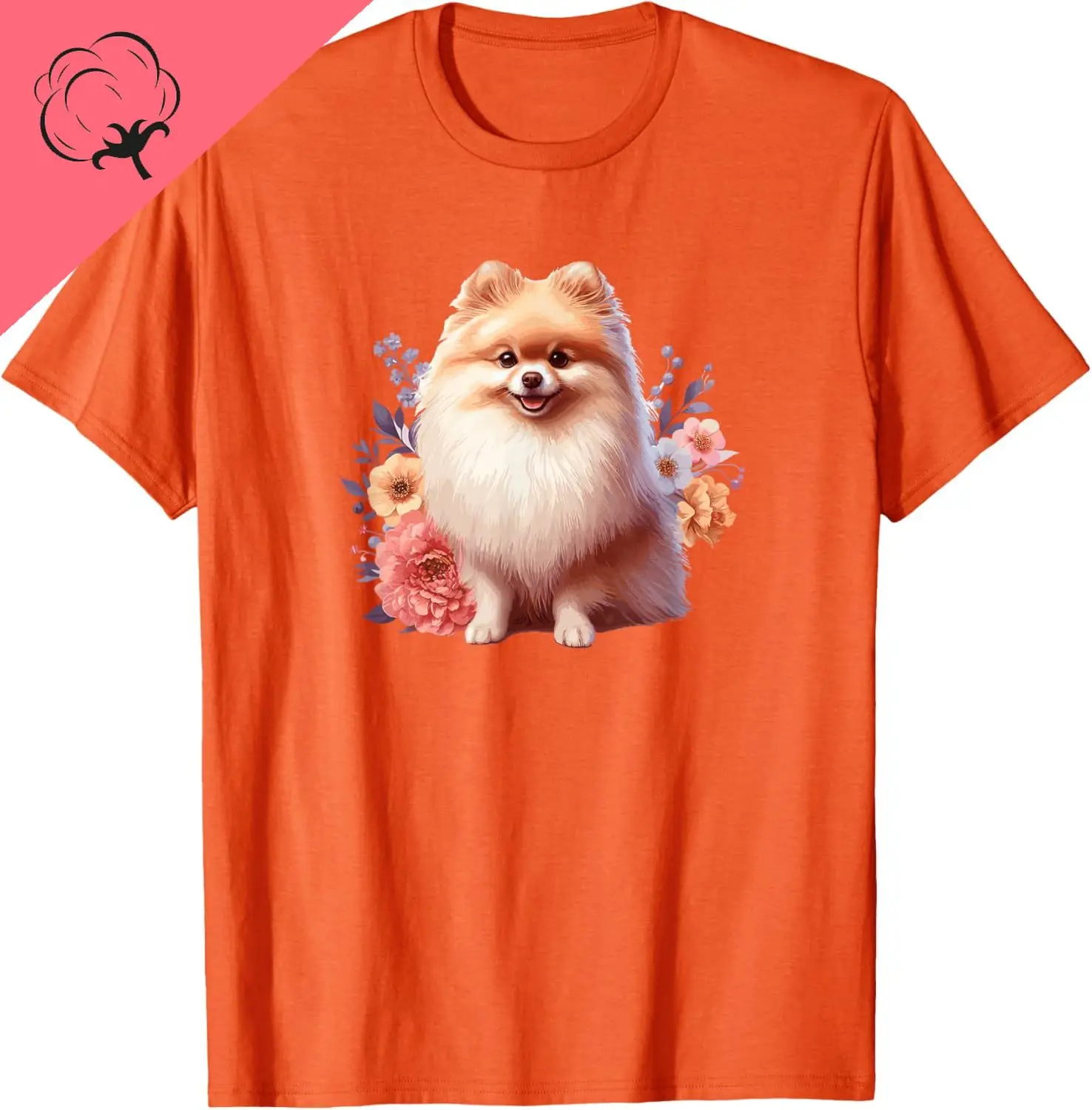 Cute Funny Flowers Floral Girls Womens Pomeranian Lover T-Shirt Breathable and Comfortable Cotton Printed T-shirt Camisas