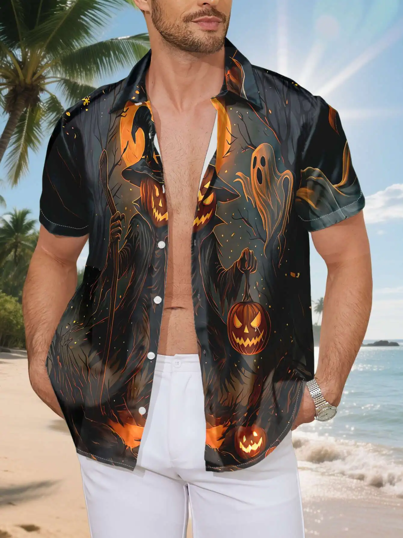 Men Casual Short-Sleeve Shirt with Pumpkin Scarecrow And Ghosts Pattern in Moonlit Forest Men's Top Trendy Button-Up Shirts