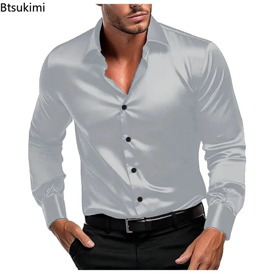 الراقية الرجال قمصان الساتان تمتد حريري السلس الأعمال فستان نحيل قمصان الصلبة طويلة الأكمام الملابس الرسمية الكلاسيكية الذكور القمصان