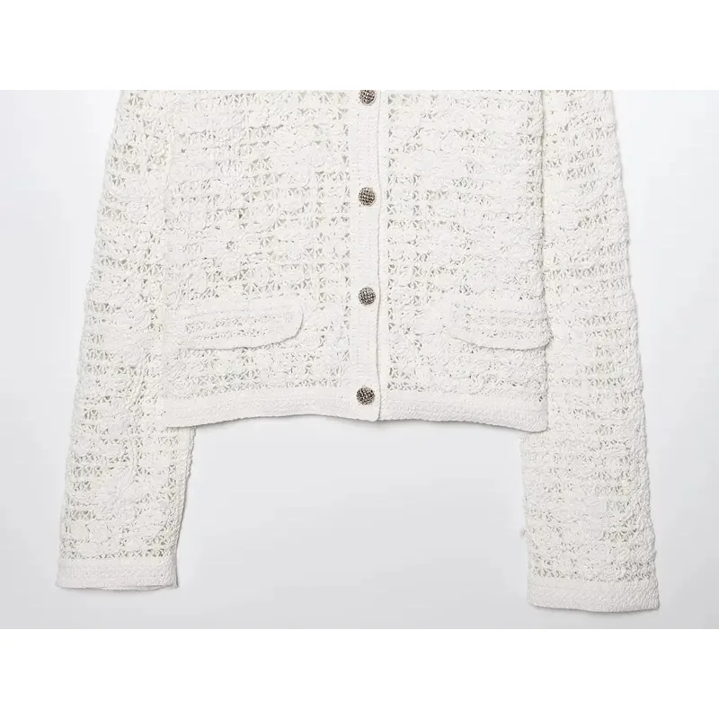 Women's Slim Fit Button-Up Crochet Hollow Jacket Summer Fashion High Street Flower Design Commuter Coat Vacation Outerwear