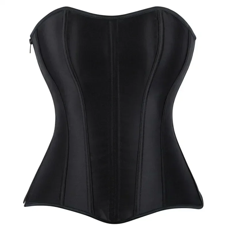 

Gothic Black Satin Overbust Corset Top for Women Sexy Lace-Up Side Zipper Waist Bustiers Body Shaper Lingerie