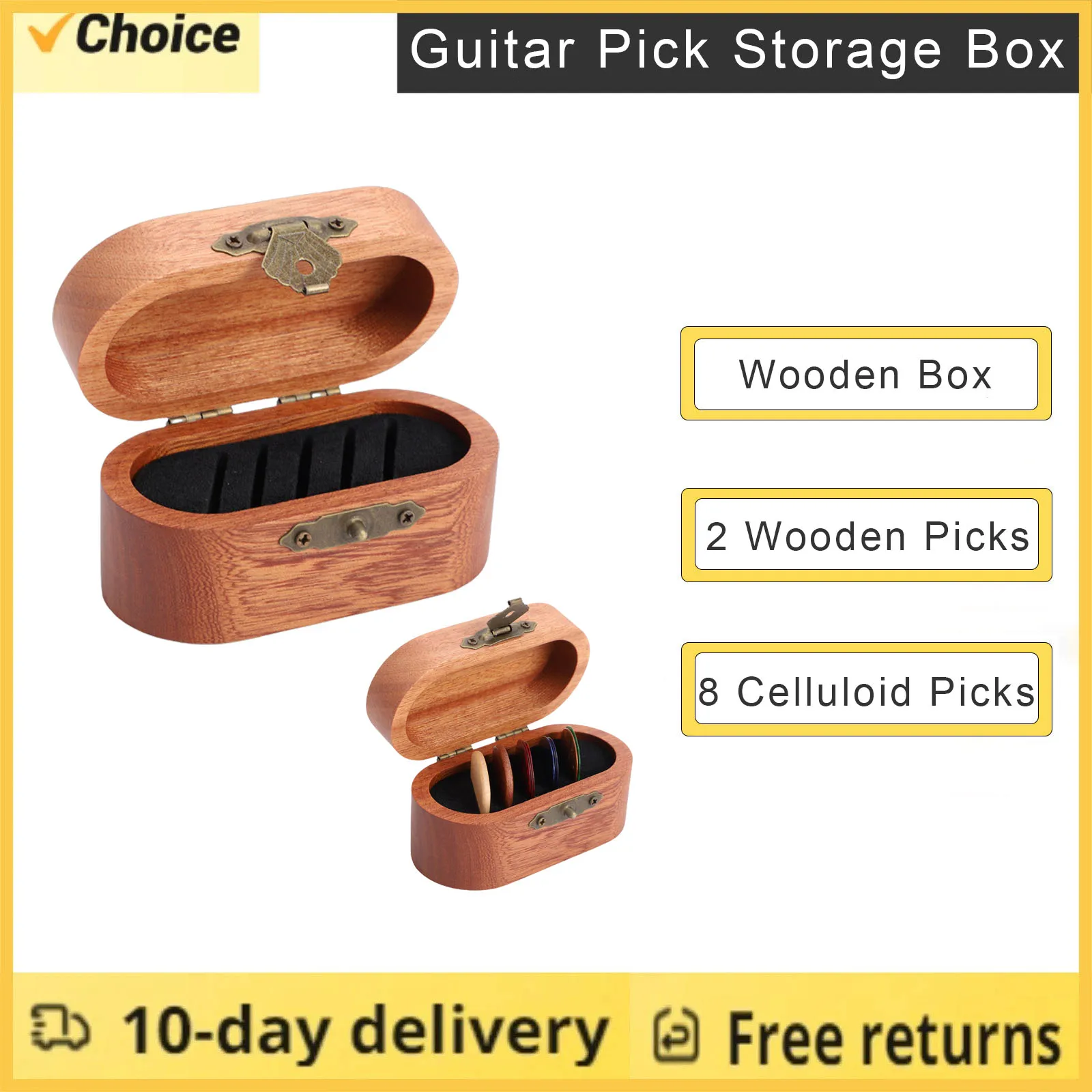 

Коробка для хранения гитарных медиаторов с 2 деревянными и 8 целлулоидными медиаторами, деревянный футляр для медиаторов, коробка для хранения музыкальных аксессуаров для гитаристов
